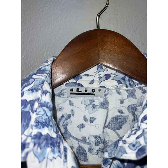 Vintage Ilio Floral Button Up Shirt ilio Short Sleeve White Blue 90s 1990s Small - Picture 6 of 10